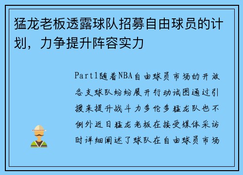 猛龙老板透露球队招募自由球员的计划，力争提升阵容实力